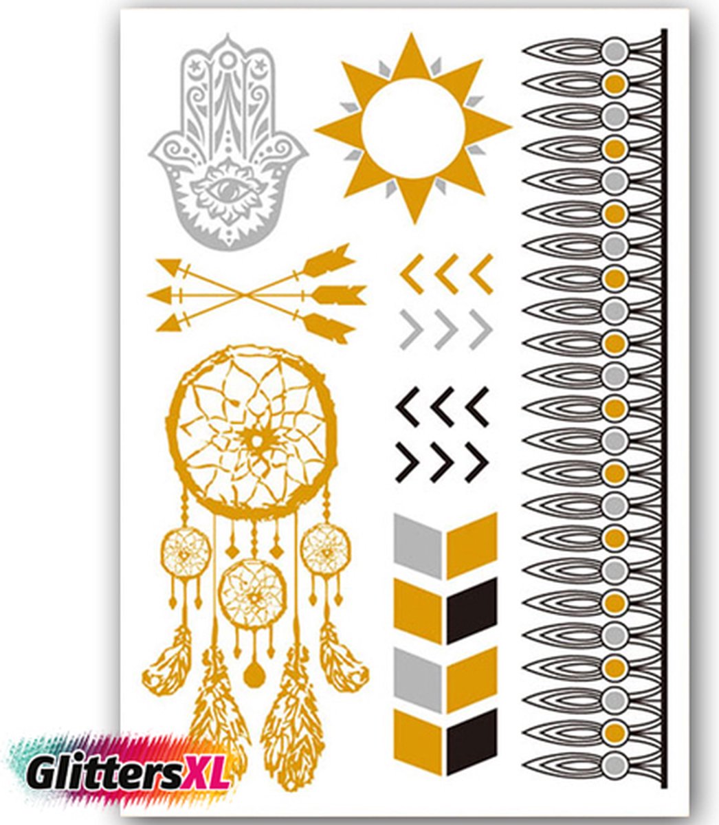 GlittersXL - Temporary Tattoo Goud/Gold (11x6cm) [Neptattoo Ibiza Turquoise - Tijdelijke tatoeage - Nep Fake Tattoos - Water overdraagbare festival sticker henna outfit tattoo - Glitter tattoo - Volwassenen Kinderen Jongen Meisje]